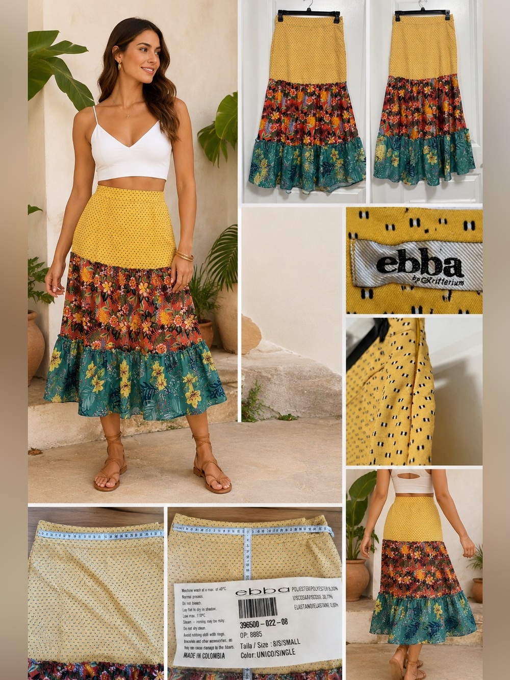 Ebba Tropical Mixed Print Ruffle Midi Skirt Size Small
